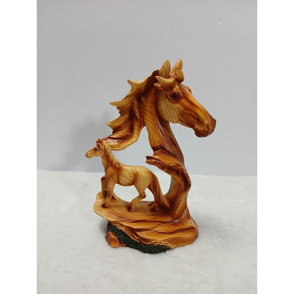 Rustic Mare Horse Bust and‎ Colt Faux Wood Resin Sculpture Figurine 7.5"